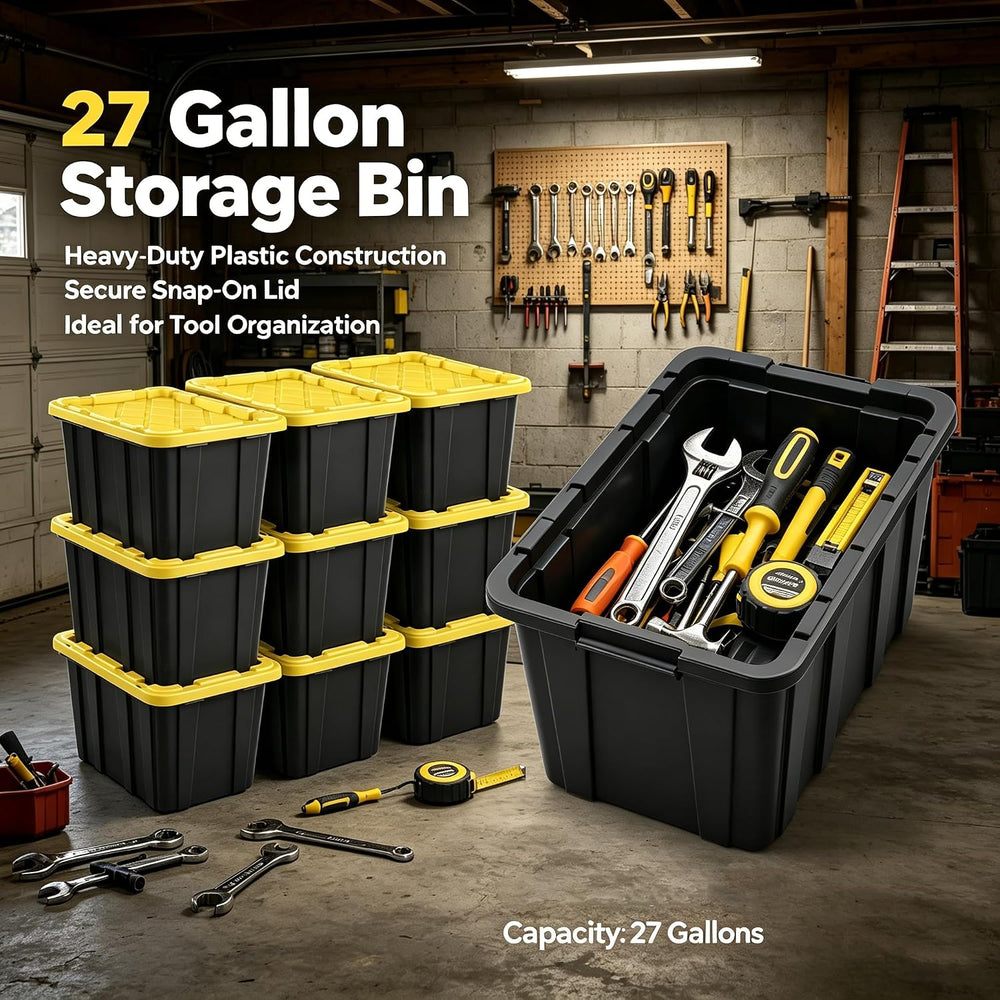 6 Pack, Large 27 Gallon Durable Plastic Storage Bin with Snap-On Lid, Storage...