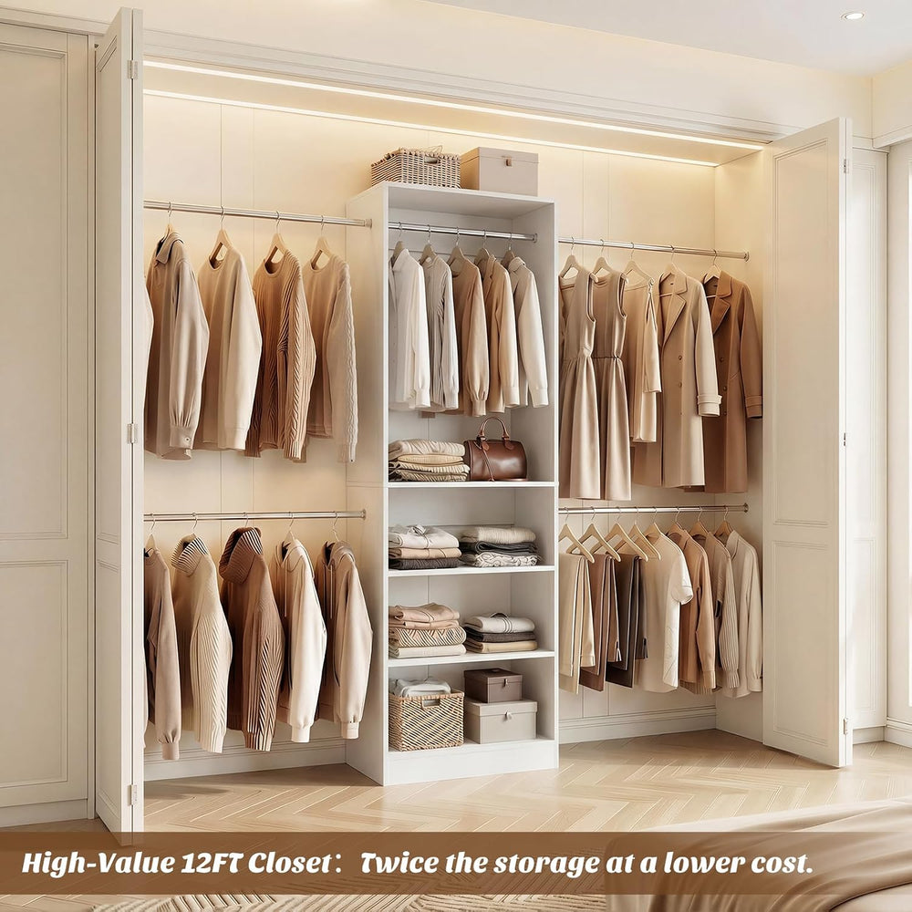 iSunirm 12FT Large Open Closet System, 138'' Wall-Mounted Closet Shel...