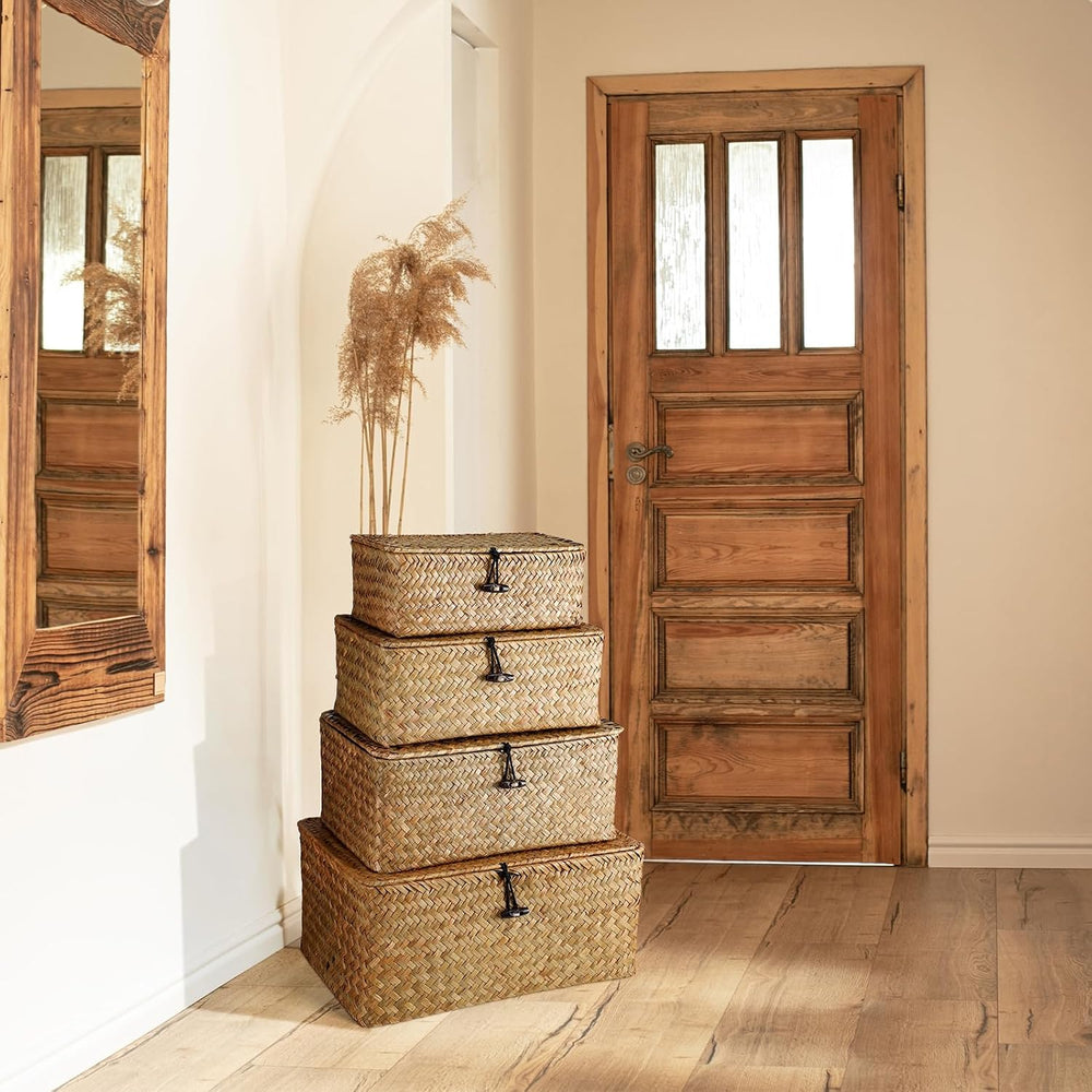 Woanger Set of 4 Wicker Baskets with Lids, Orange
