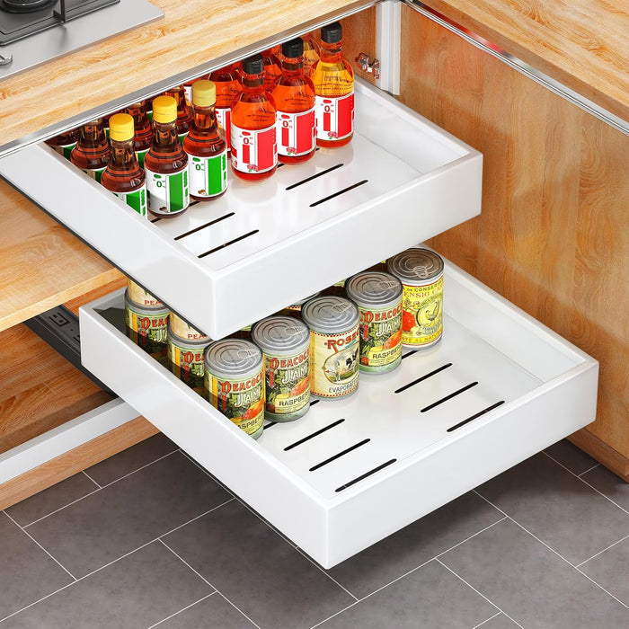 2Pack Pull out Cabinet Organizer, 21"Deep, Heavy Duty Full-extension Slide out Drawers for Kitchen Cabinet, Roll out Shelf Storage with Nano Adhesive for Pots, Bathroom, Pantry, Home, White