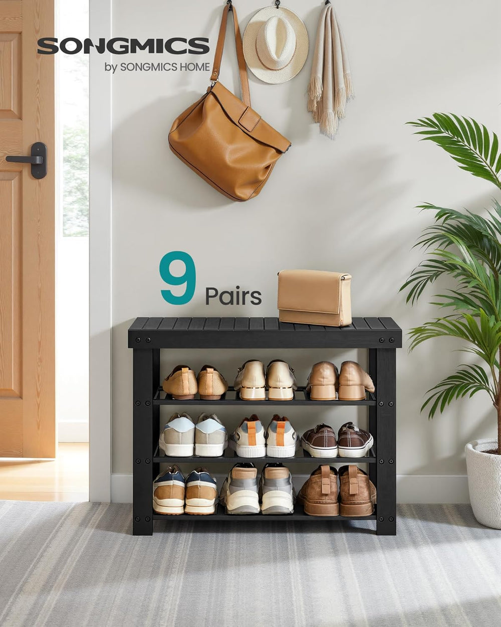 SONGMICS Shoe Rack Bench, 4 Tier Bamboo, 11.3 x 27.6 x 20.5 Inches