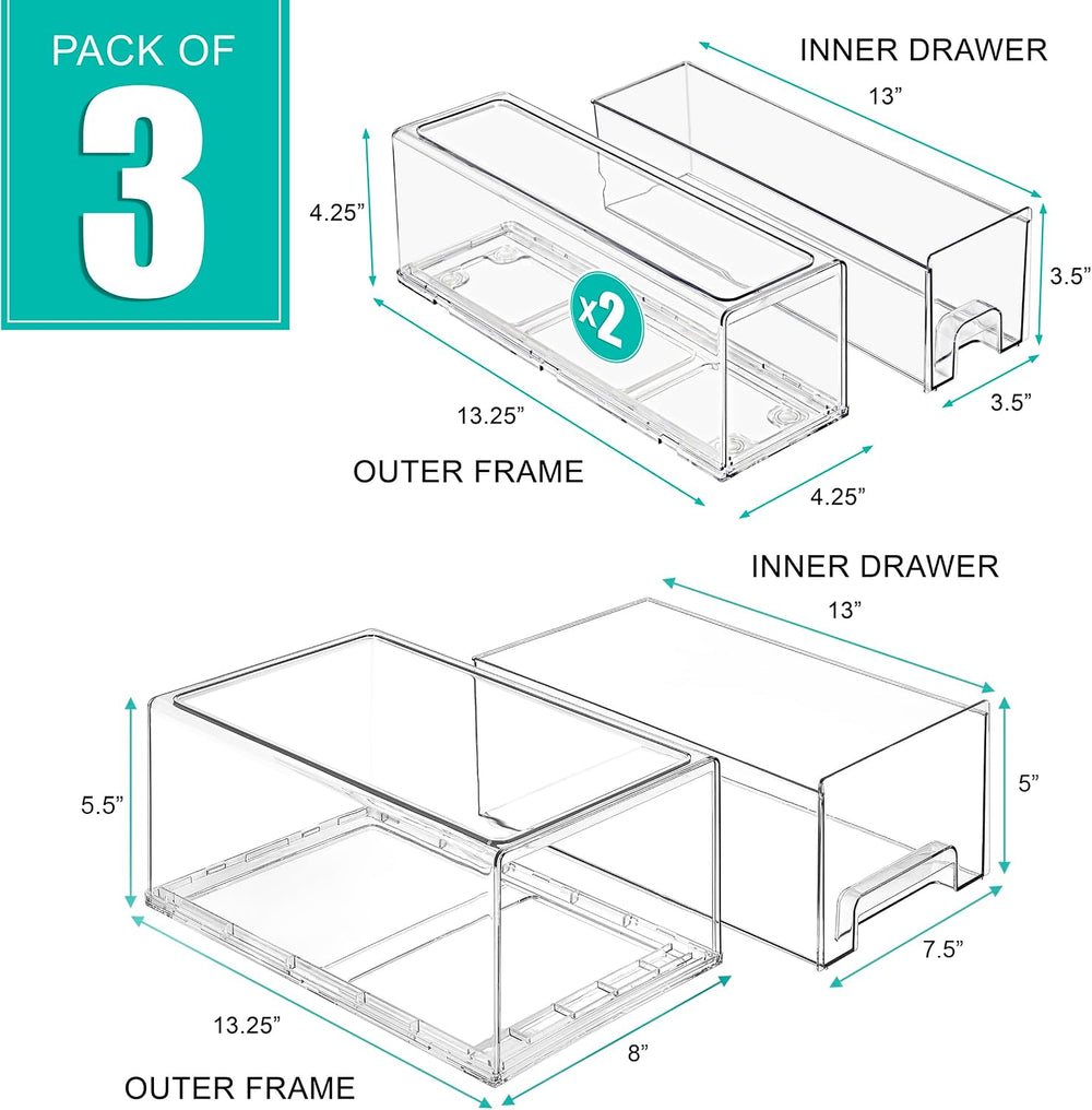 Sorbus Clear Stackable Storage Drawers with Handles (1 Large + 2 Small)
