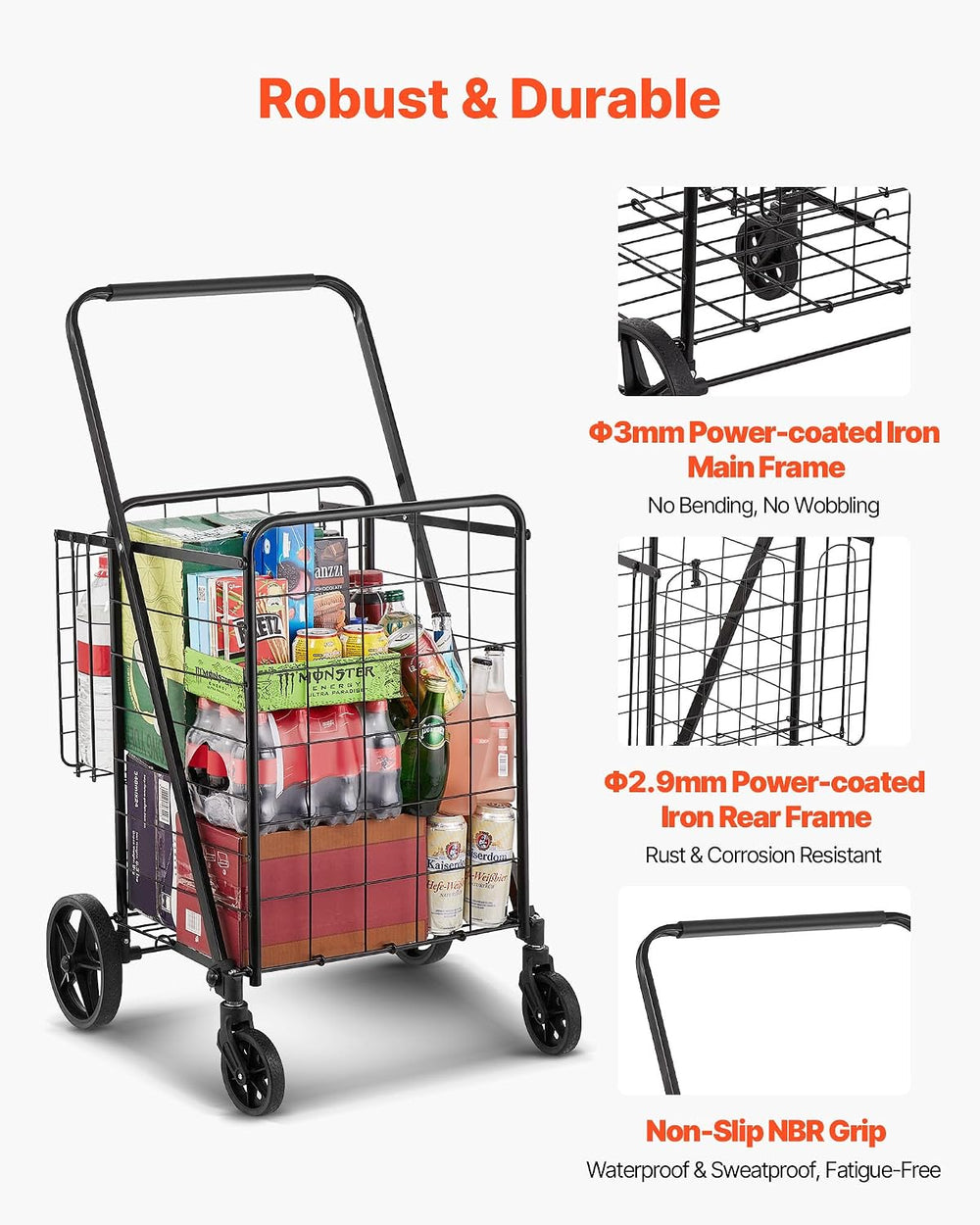 VEVOR Folding Shopping Cart Jumbo Grocery Utility Cart with Double Baskets