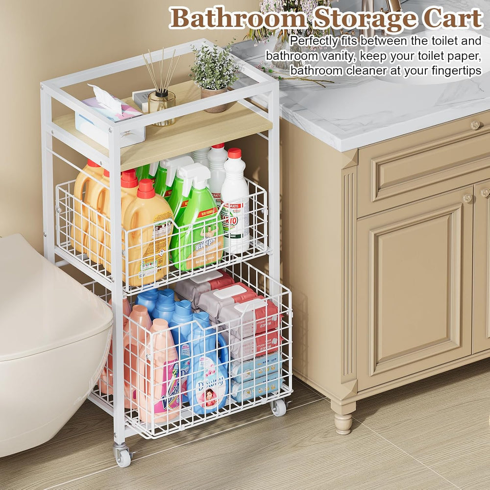 Hongtamoya 3 Tier Laundry Room Cart with Pull-Out Baskets, Storage Cart with ...