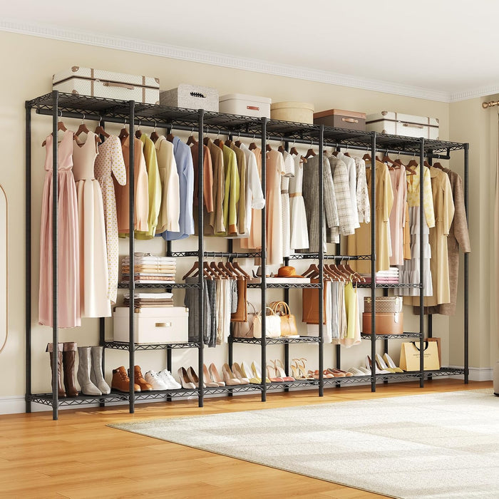 ONBRILL F7 Portable Metal Clothing Rack with Shelves & Hanging Rods, Black