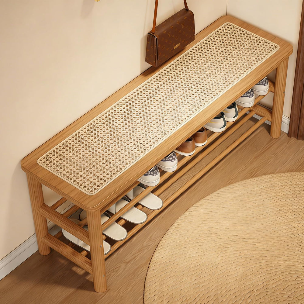 latifolia Shoe Rack Bench, 3-Tier Bamboo Shoe Bench with Breathable Rattan Se...