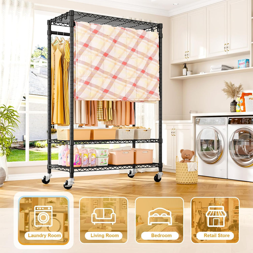 ULIFHOME Clothes Rack, Rolling Clothing Racks for Hanging Clothes, Black