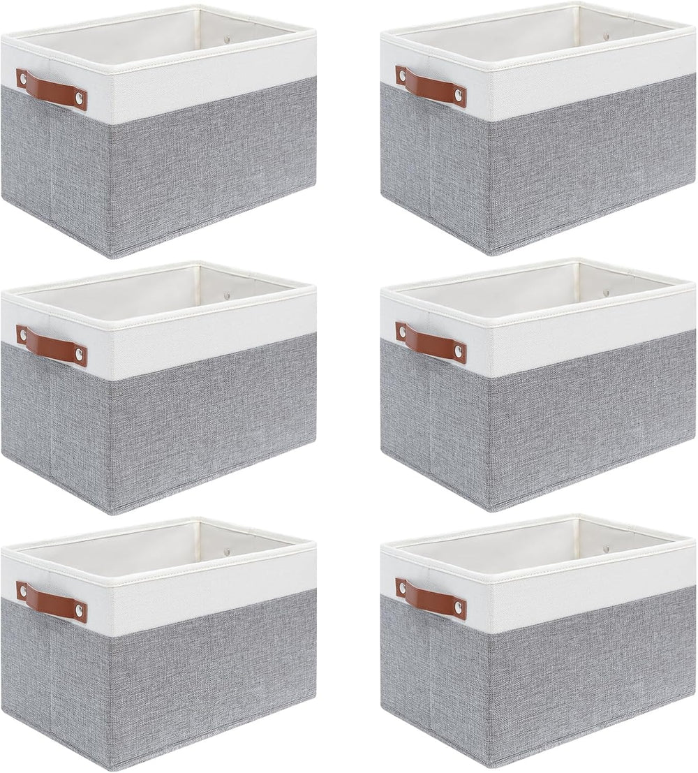 6 Pack Fabric Storage Baskets with Handles (White with Grey,15" L*10.2&q...