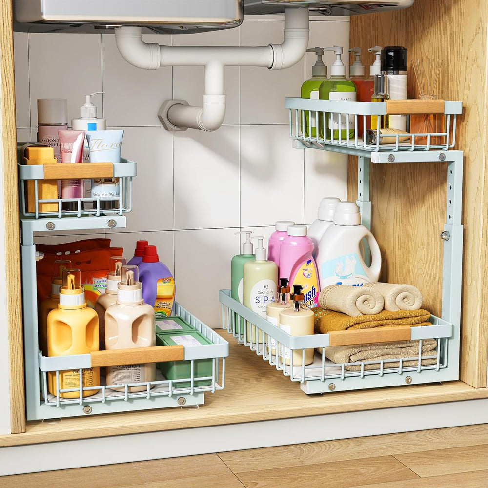 PXRACK Under Sink Organizer, Adjustable Height, 2 Tier Pull Out Under Cabinet...