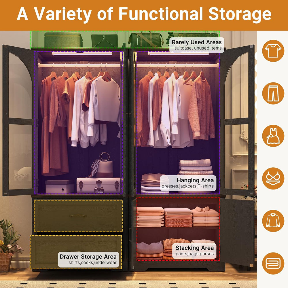 Tall Farmhouse 4 Doors Armoire Wardrobe Closet with LED ,72" Freestandin...