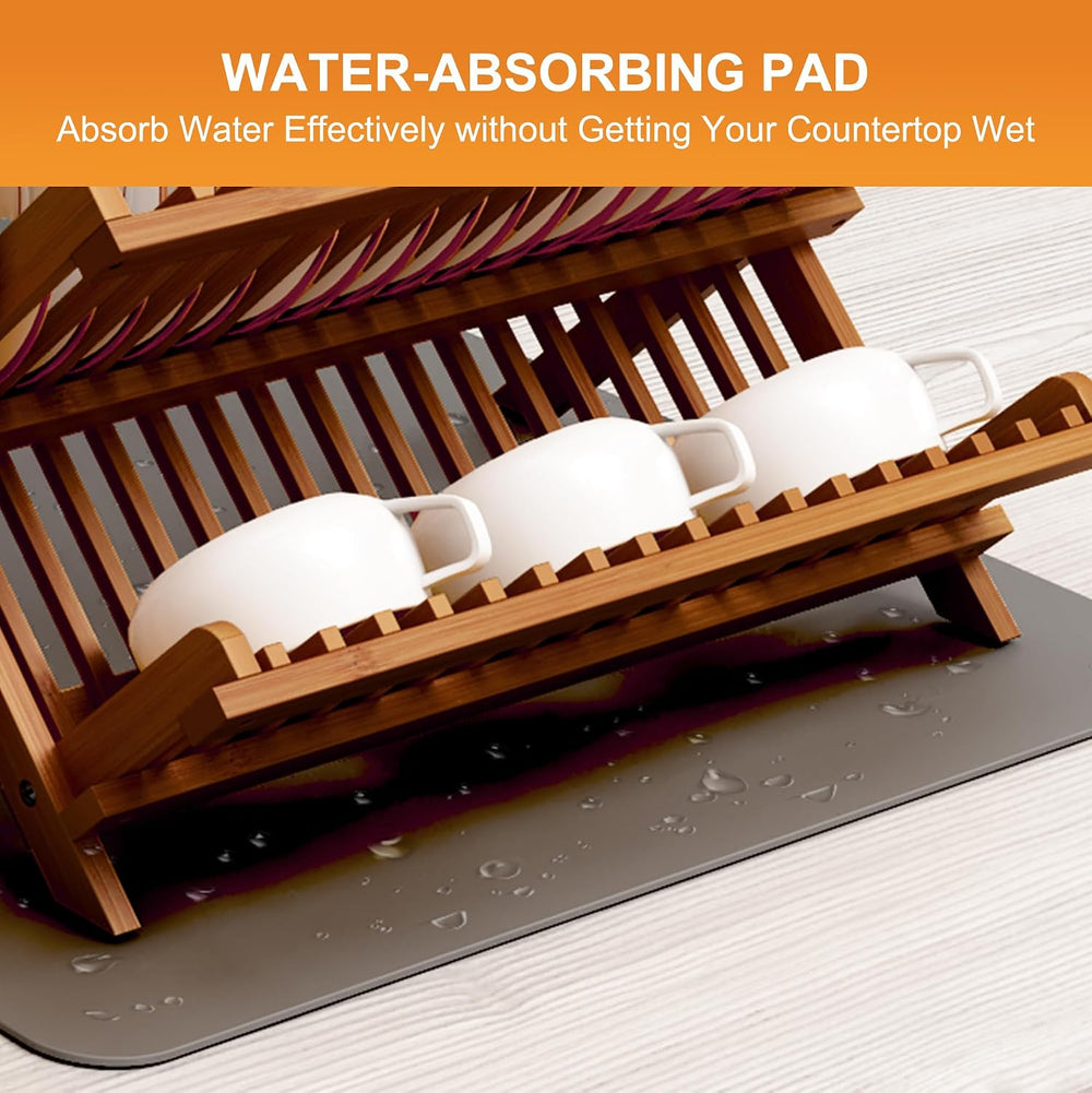 Greenual Teak Dish Drying Rack with Utensil Holder, 2 Tier Collapsible Dish R...
