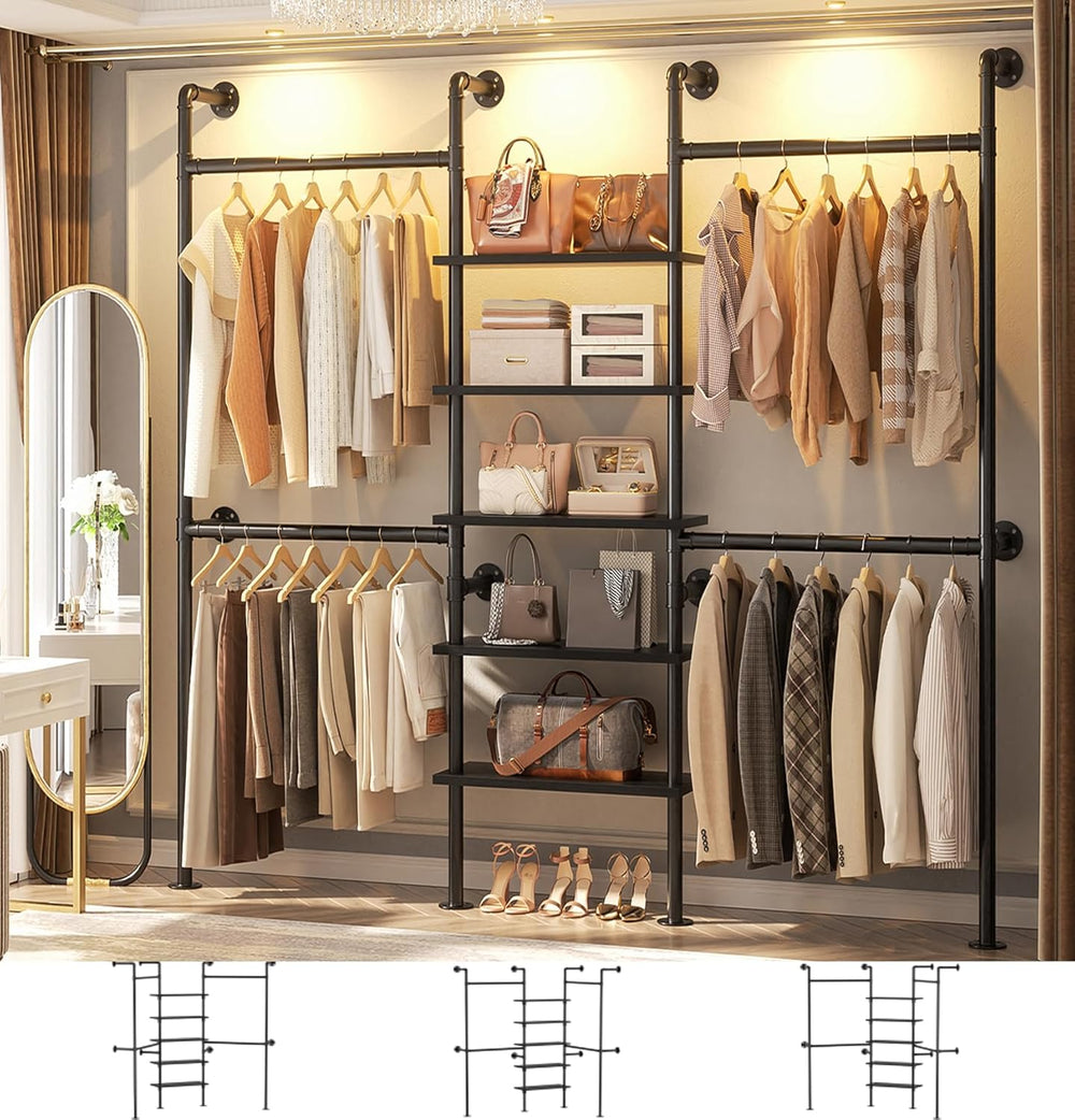 Aheaplus Industrial Pipe Clothing Rack, 6.42FT Closet Organizer System