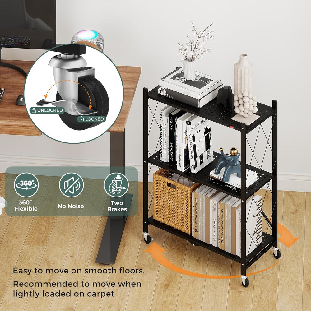 DEANIC 3 Tier Foldable Storage Shelves with Wheels, Kitchen Appliance Stand, ...