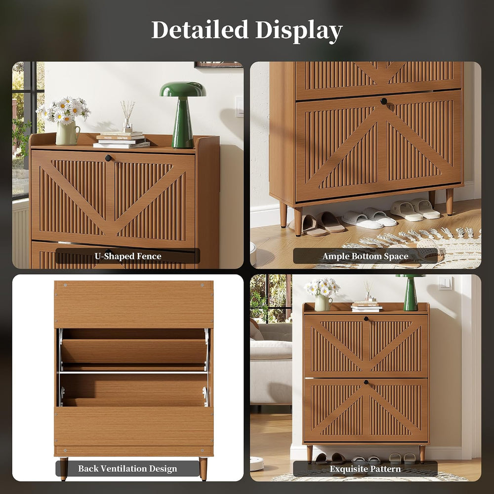 Narrow Shoe Storage Cabinet with 2 Flip Drawers for Entryway (Walnut)