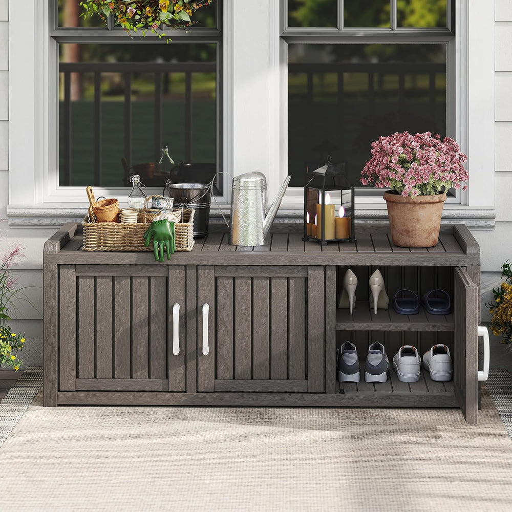 2-Tier Storage Bench, Waterproof UV-Resistant Outdoor Shoe Storage Cabinet wi...