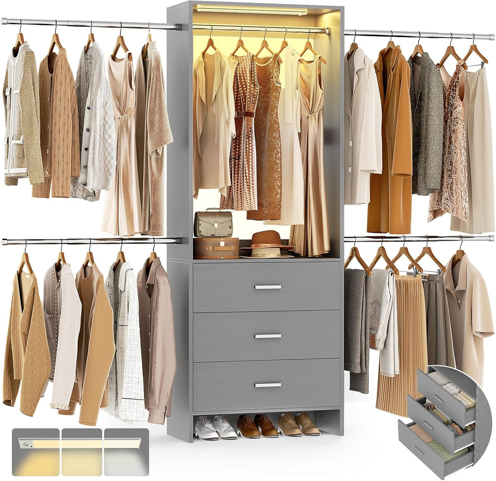Aheaplus Closet System with Motion-Sensing Light, 3 Wooden Drawers and 4 Hang...