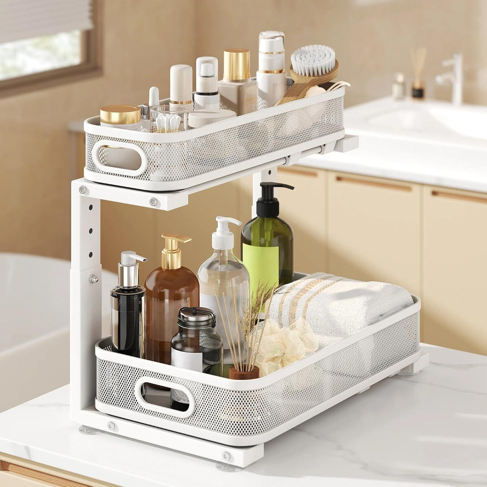 2 Pack Under Sink Organizer With Smooth Cylindrical Rail,2-Tier Pull Out Mult...