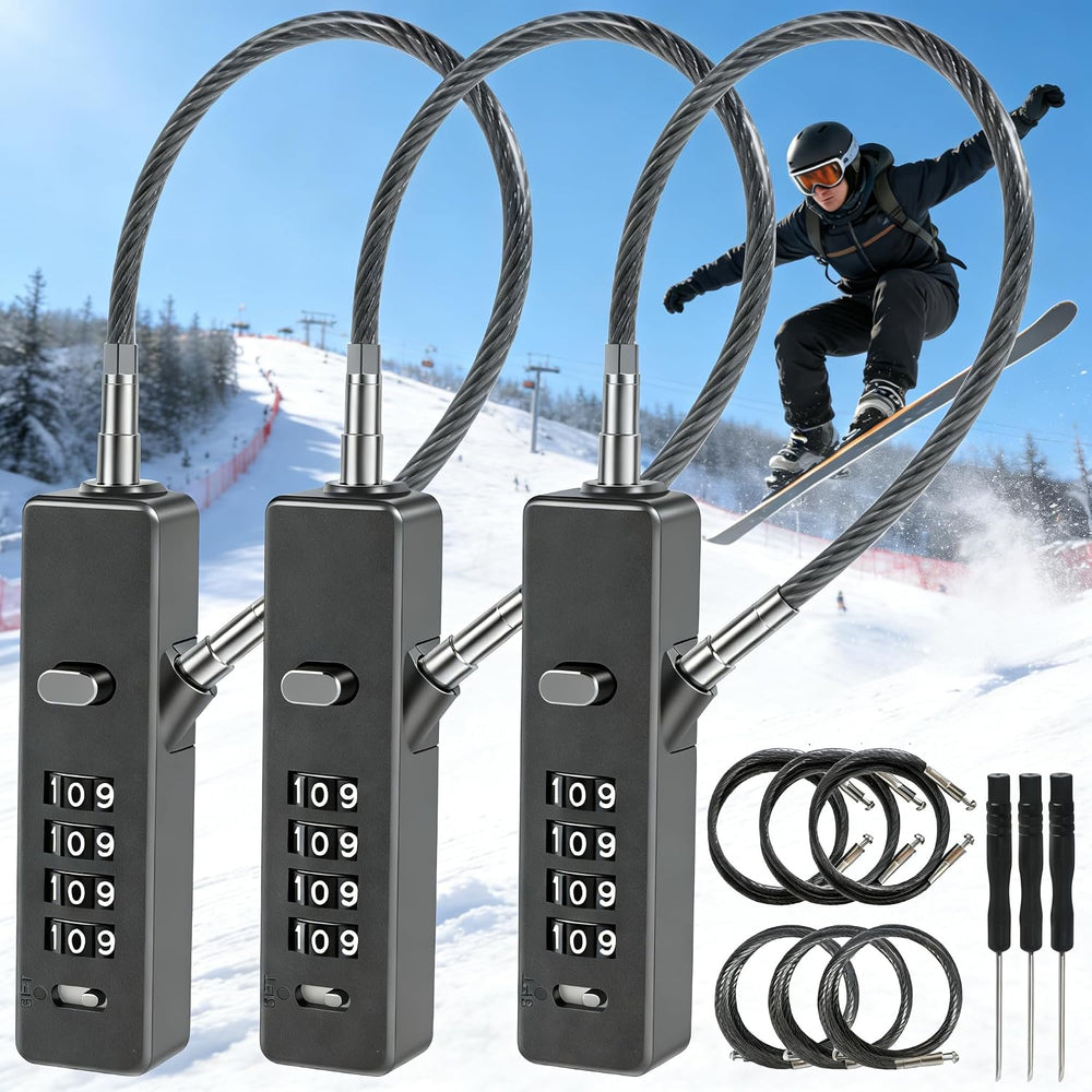 3Pack Wire Padlock Snowboard Lock, Combination Cable Lock, 4-Digit Ski Lock w...