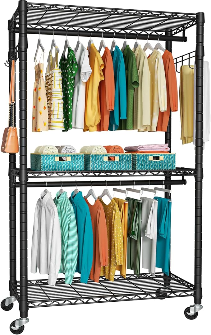FUTASSI P1 Heavy Duty Garment Rack, 3 Tiers Adjustable Rolling Metal Closet