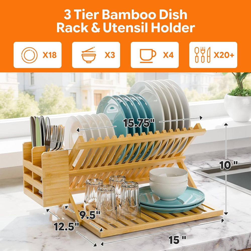 Simple Trending Bamboo Dish Drying Rack, 3 Tier with Utensil Holder