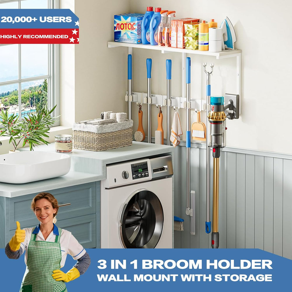 Broom Holder Wall Mount with Cleaning Supplies Organizer, Laundry Room Organi...