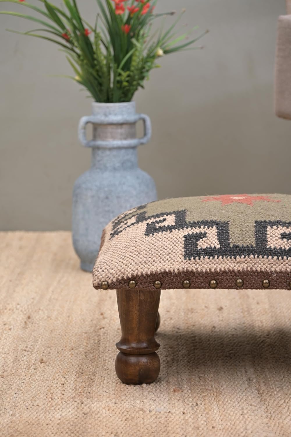 Upholstered Ottoman Footstool with Tribal Aztec Fabric | Rustic Wooden Accent...