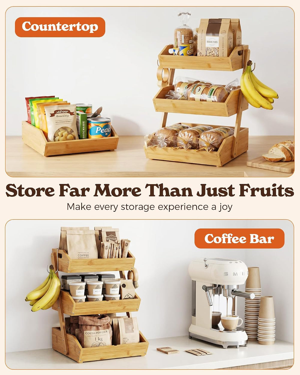 3-Tier Bamboo Fruit Basket with 2 Banana Holders
