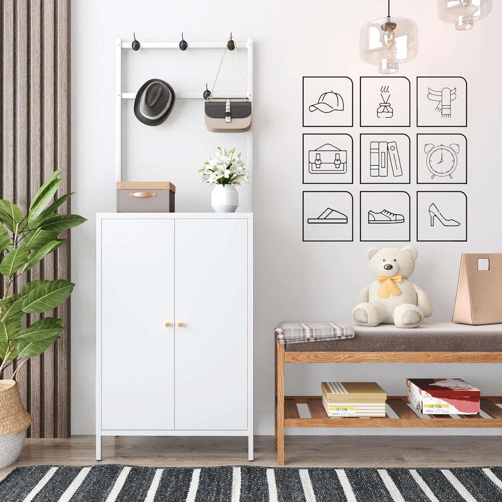 Tall Metal Shoe Cabinet with Coat Rack,Shoe Storage Cabinet with Doors,Hangin...
