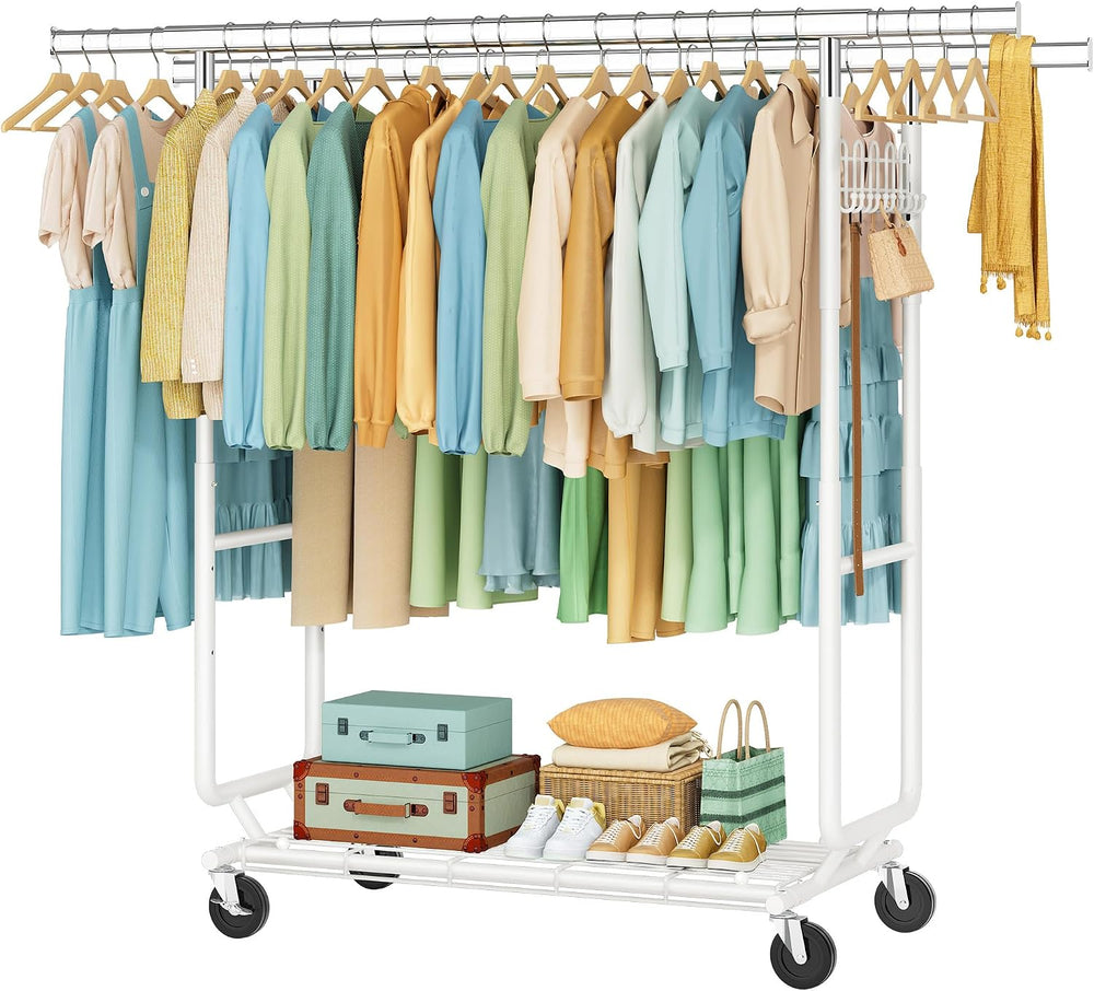 Hoctieon 2-Minute Assembly Double Rod Clothes Rack, Heavy Duty Rolling Clothi...