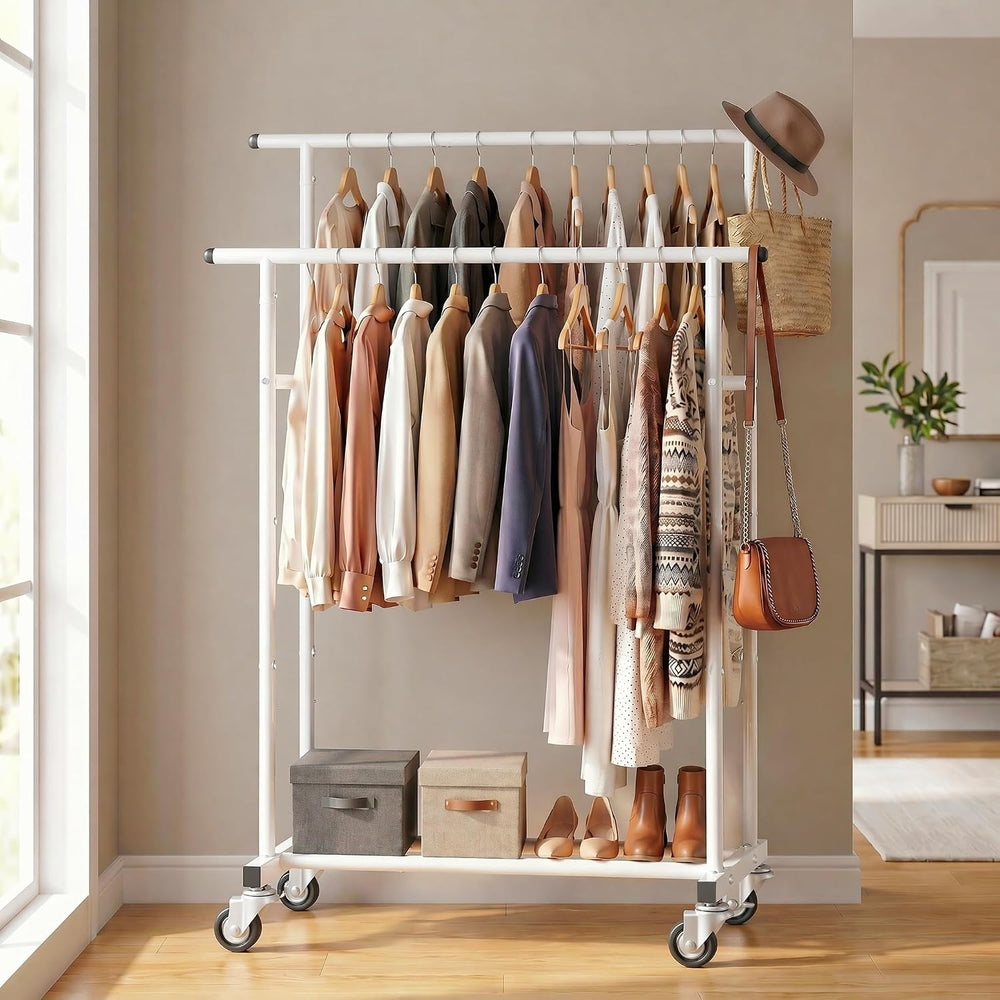 Calmootey Rolling Garment Rack, Sturdy Clothes Organizer for Bedroom