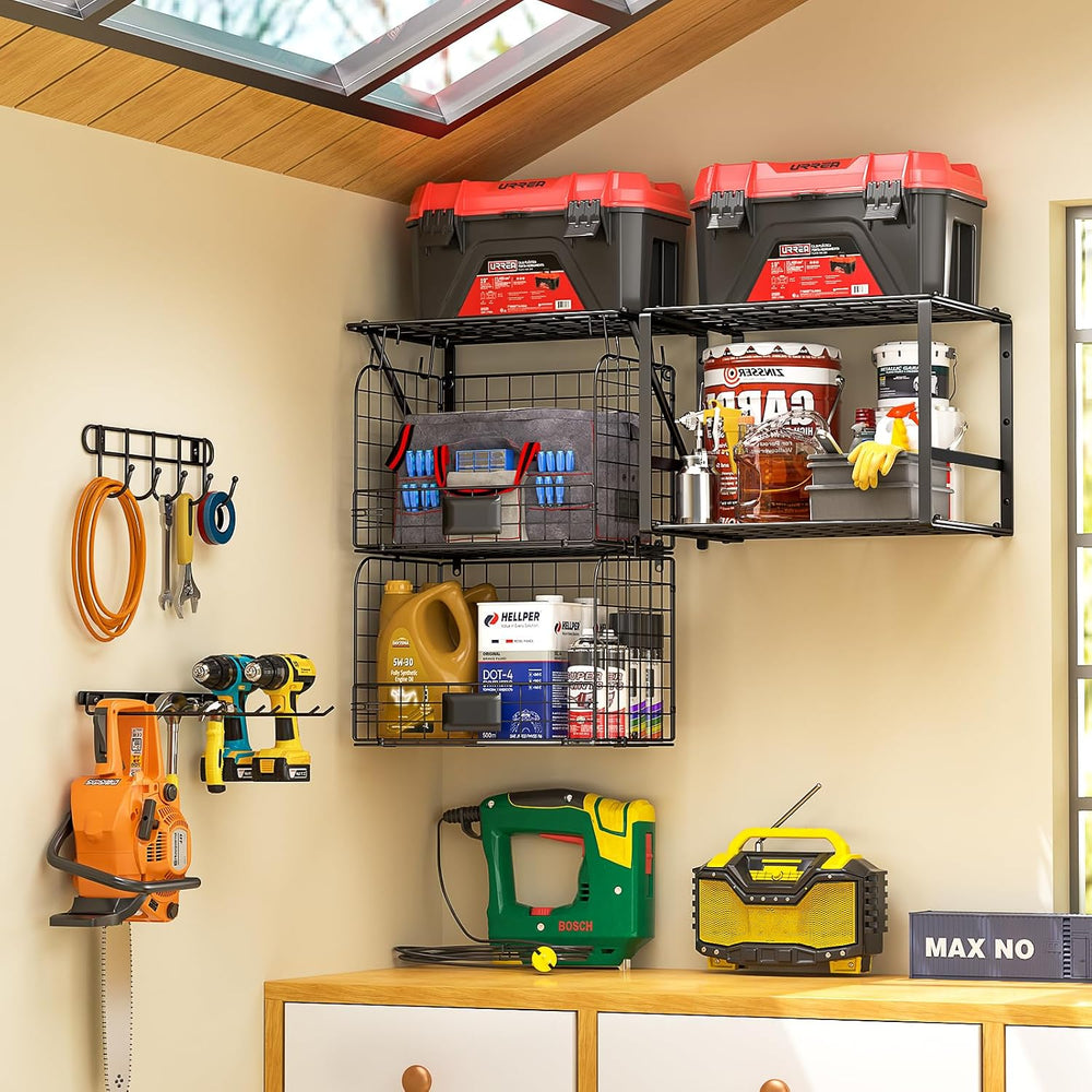 ThreeHio Garage Shelf Wall Mounted with Wire Baskets, Heavy Duty Garage Wall ...