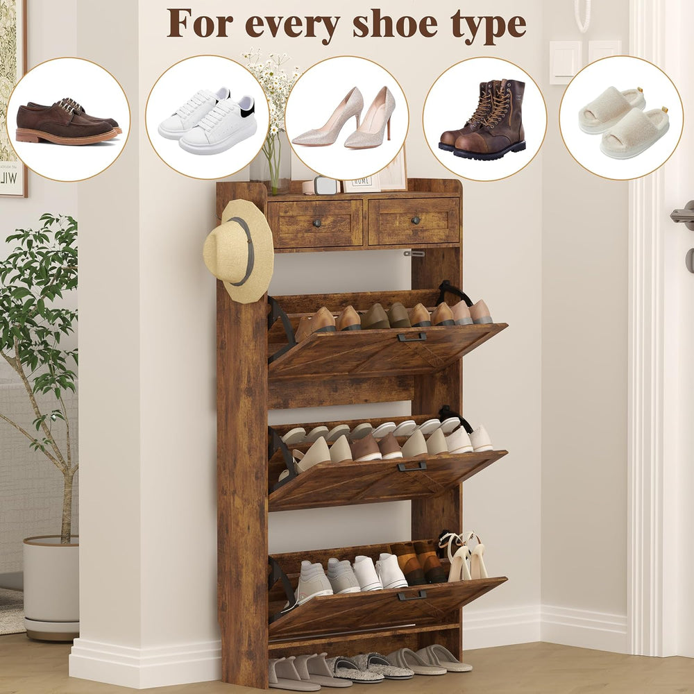 Thacuok Shoe Cabinet with 3 Flip Drawers & 2 Storage Drawers, Rustic Farm...