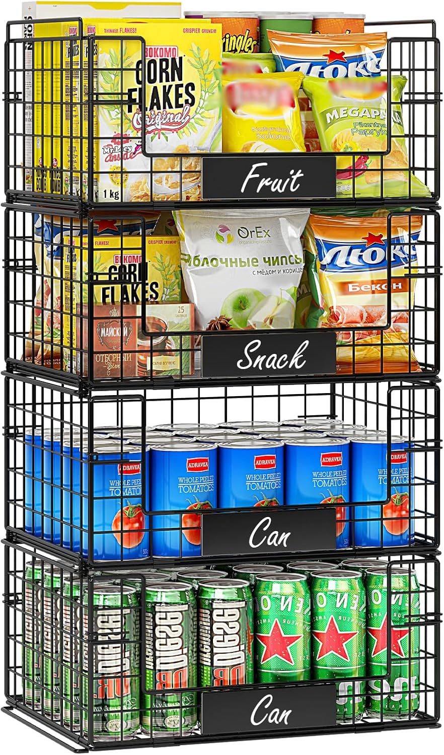 JKsmart 4 Pack XXL Stackable Wire Baskets for Pantry Organizers and Storage