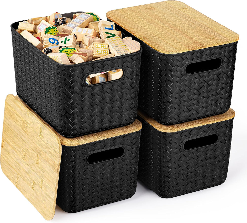 Ohmlove 4 Pack Storage Bins with Bamboo Lids,Stackable Box for Organization