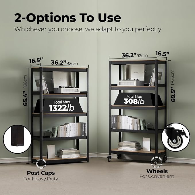 HOMEDANT House 5-Tier Metal Rolling Cart Shelf Rack Casters Heavy Duty