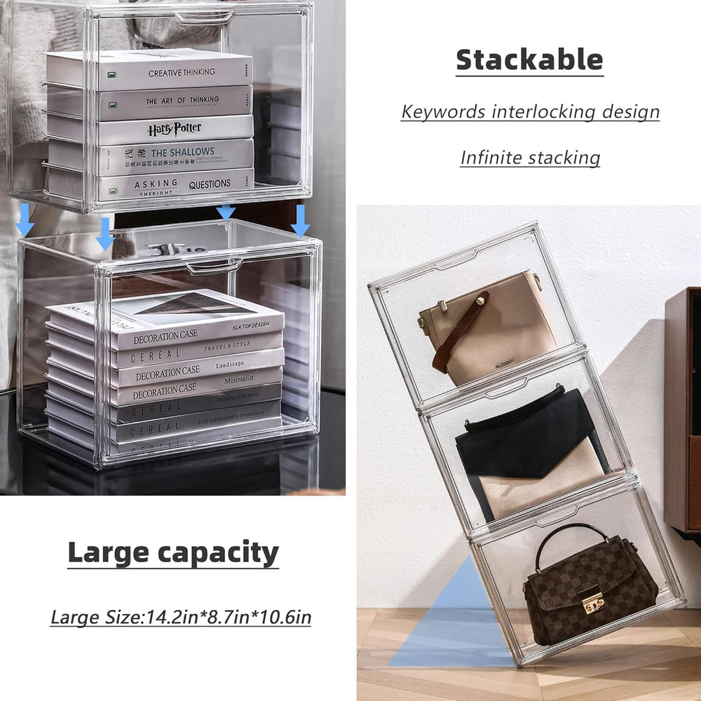 LXLXXL Acrylic Display Case, 4-Pack XL Stackable Bins with Magnetic Lid
