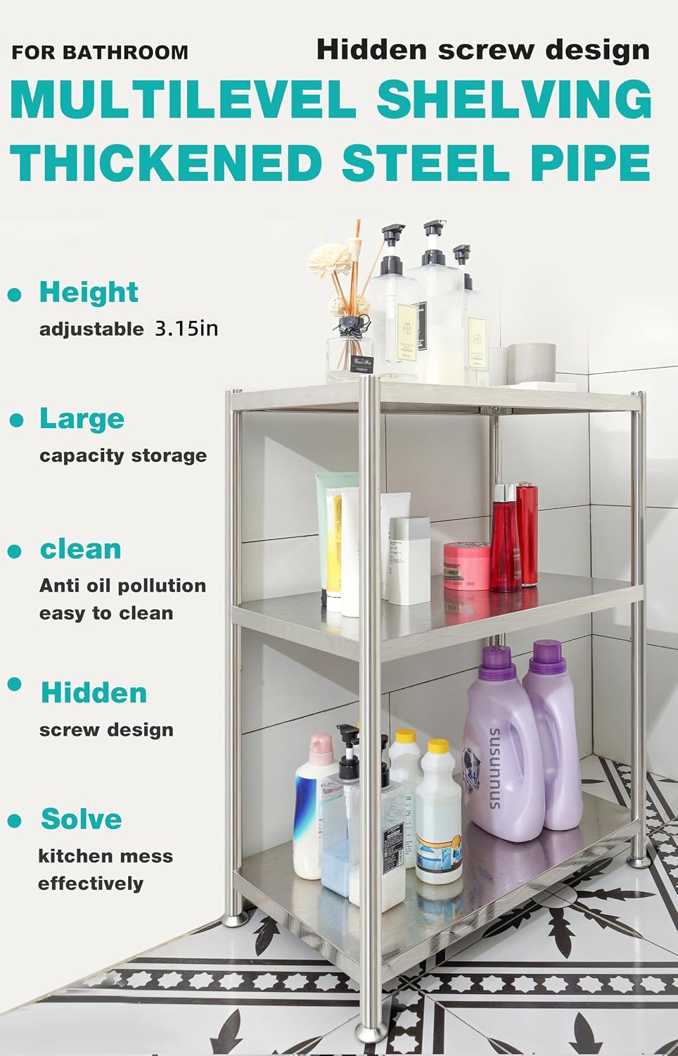 susunnus Stainless Steel Shelves,23.6in-3T,for Kitchen,Living Room,Bathroom