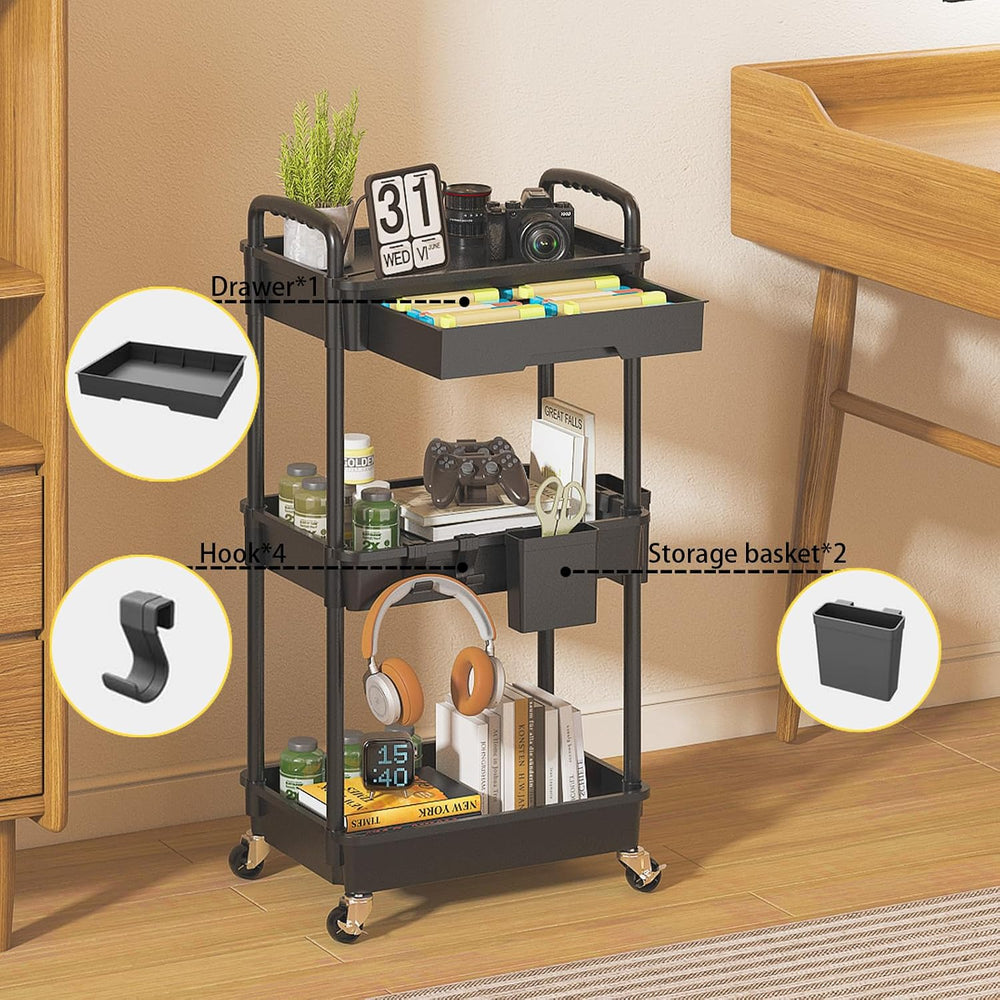 3 Tier Rolling Utility Cart with Drawer, Plastic Storage Organizer Rolling Ca...