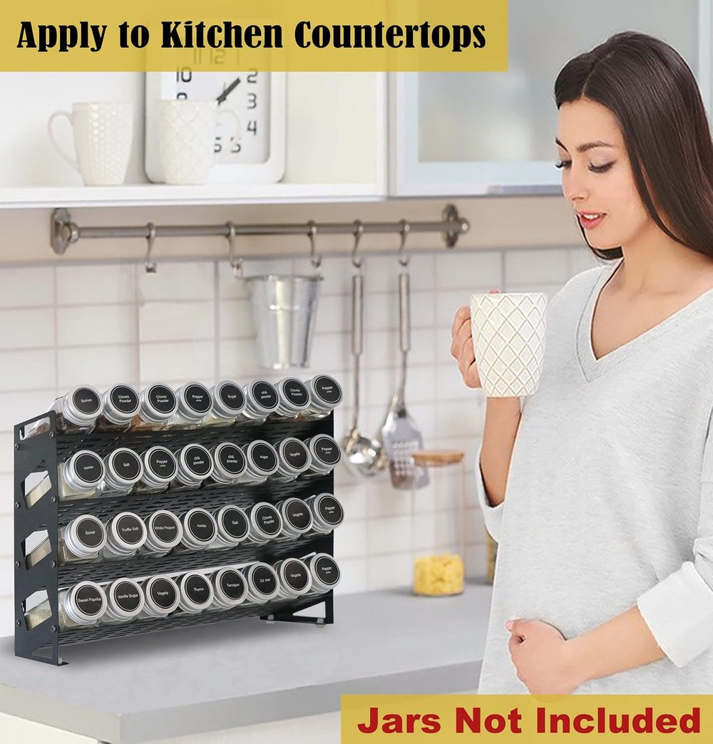 4 Tier Spice Rack Organizer with 32 Square Spice Jars and 160 Spice Labels Se...