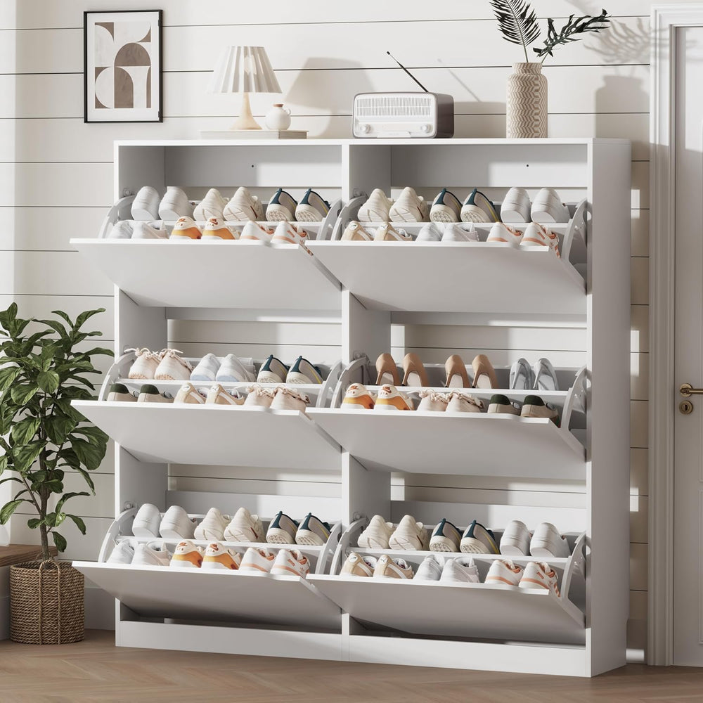 Xixini Shoe Storage Cabinet for Entryway with 6 Flip Drawers, Sturdy Wood Hid...
