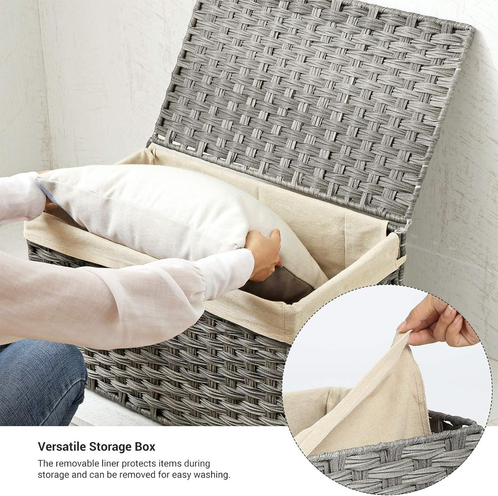SONGMICS Woven Storage Basket with Lid, 17.2 Gallon (65L), Foldable
