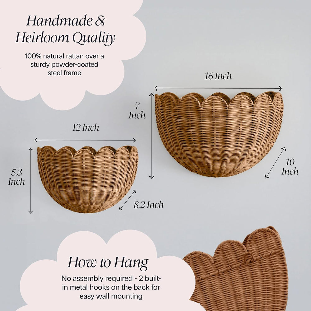 BEBE BASK The Original Scalloped Wicker Wall Basket – Set of 2 (16x10x7 In)