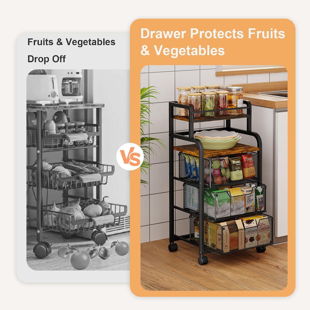 Yociyoga Fruit Vegetable Storage Cart, Kitchen Rolling Cart with Wheels, 4 Ti...