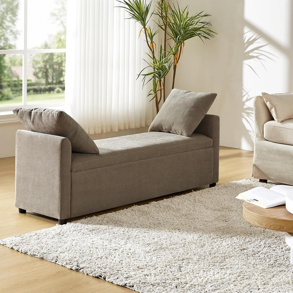 HULALA HOME 59" Storage Bench with 2 Throw Pillows & Armrests, Brown