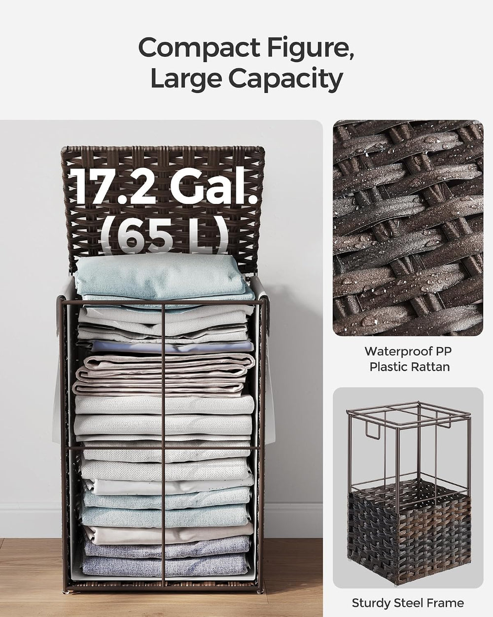 SONGMICS Laundry Hamper with Lid, 17.2 Gallon (65 L) Synthetic Rattan Clothes...