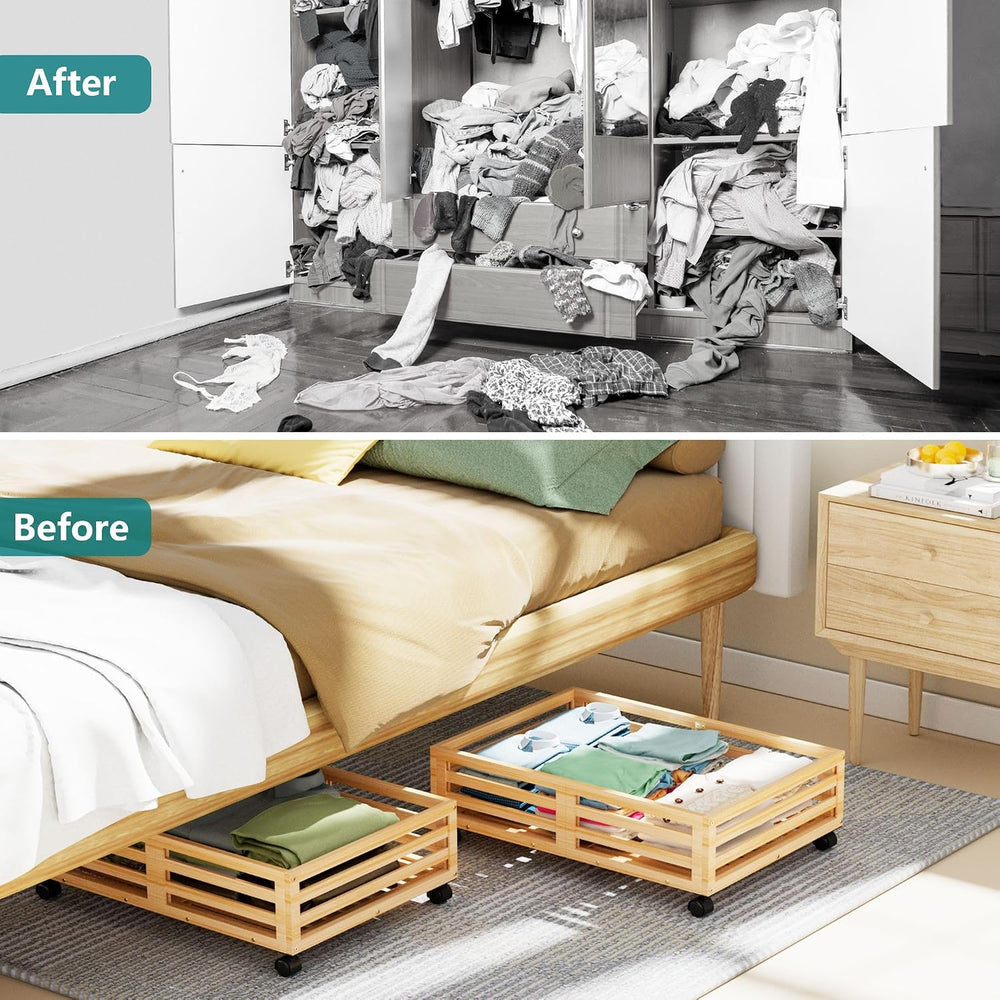 Bamboo Under Bed Storage with Wheels Rolling Underbed Drawer with Lids