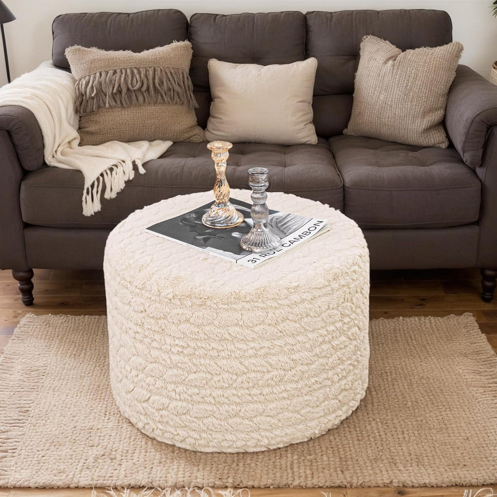 Round Pouf Ottoman Footstool 20x14In Ottoman Footrest for Couch Linen White