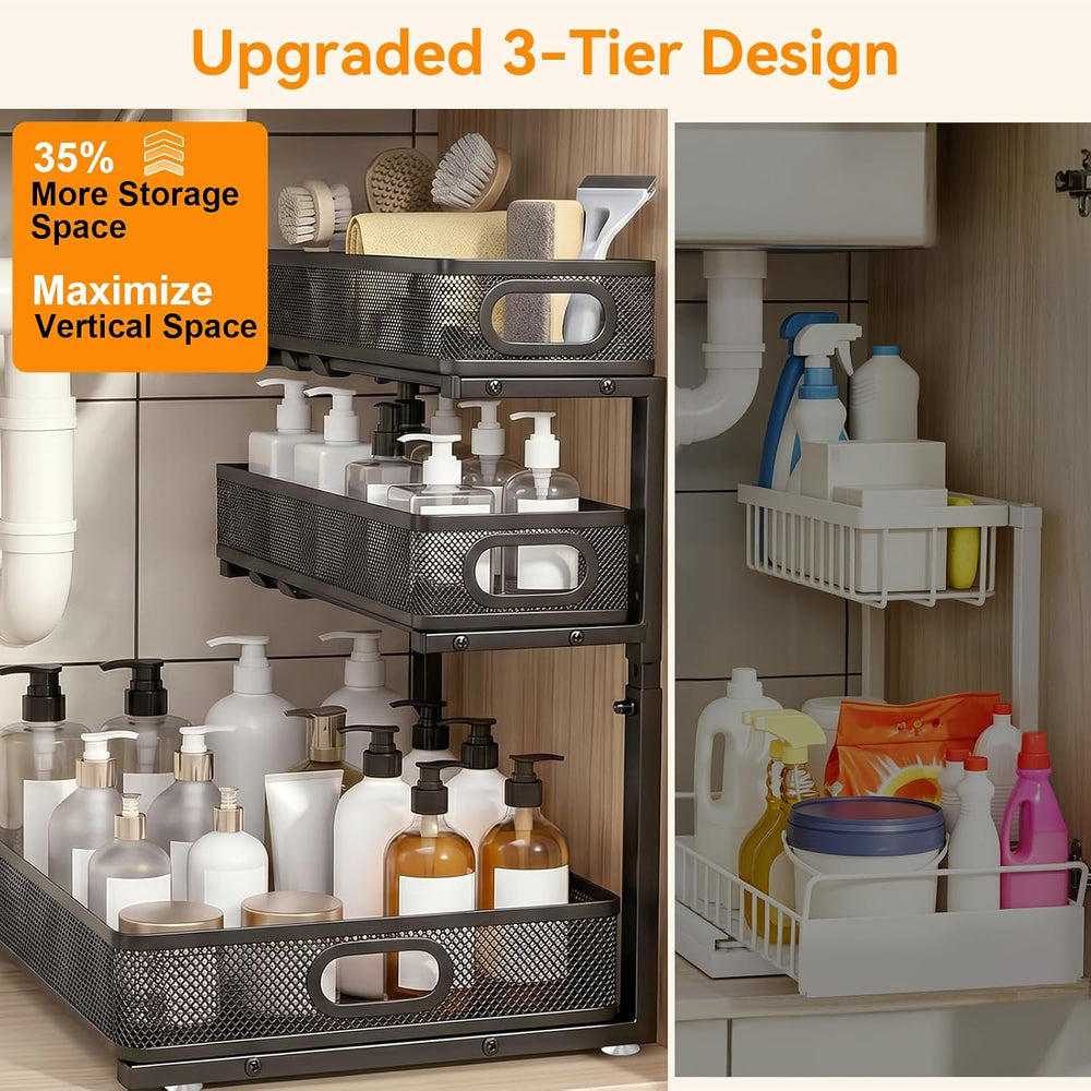 3 Tier Adjustable Under Sink Organizer for Bathroom & Kitchen(1Pack, Black)