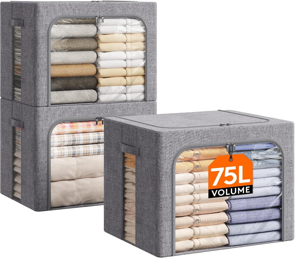 Lifewit 3 Pack Clothes Storage Bins with Metal Frame, Stackable Storage Box