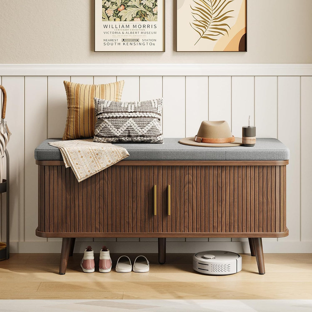 Decofy Shoe Storage Bench with Cushion and Sliding Doors, 39 Inch Shoe Bench ...